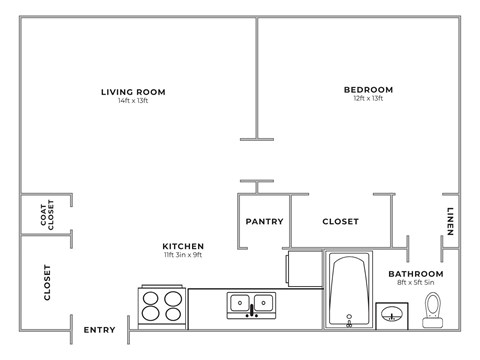 Floor plan for 1 bed, 1 bath, 572 sqft